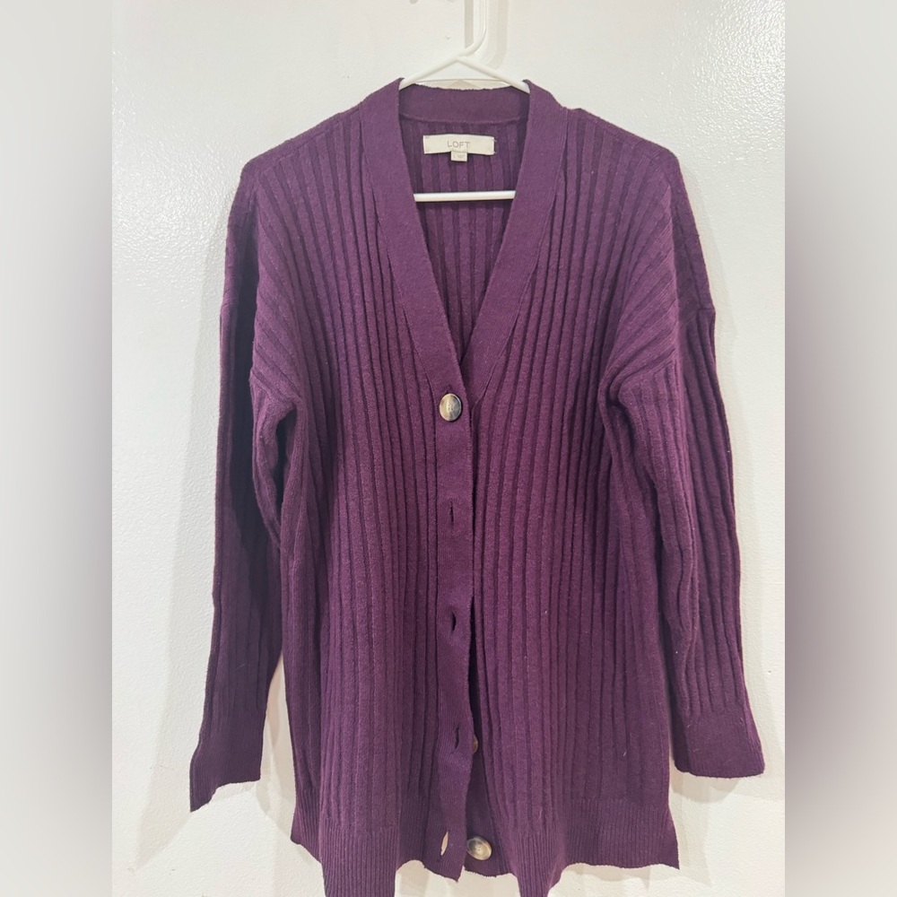 LOFT Deep Purple Ribbed Cardigan